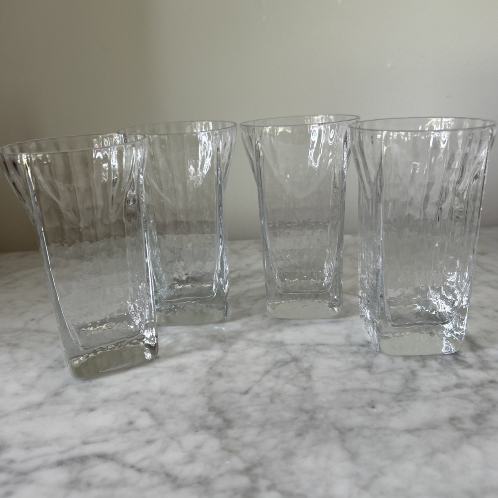 Set of 4 Clear Textured Glass Tumblers Wavy Rim Square Base 5" Drinking Glasses